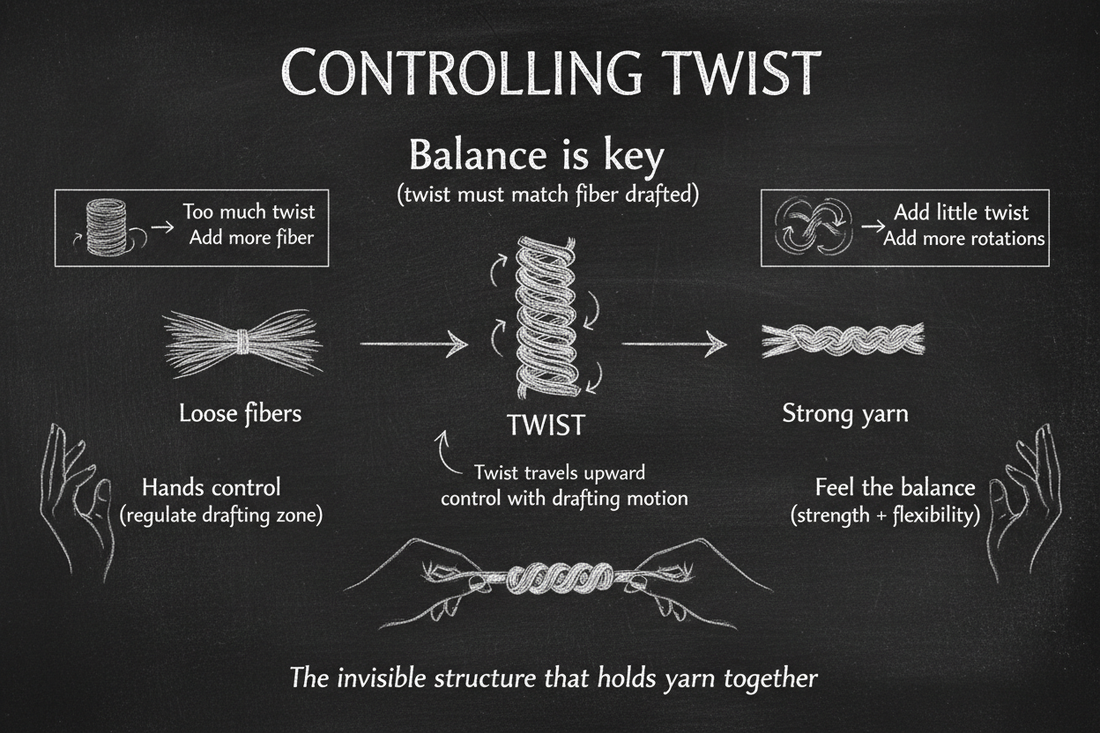Blackboard diagram showing eight aspects of twist control in spinning — why twist works, fiber-twist balance, twist travel, too much twist, too little twist, hand control, tactile feel, and twist levels for different yarns