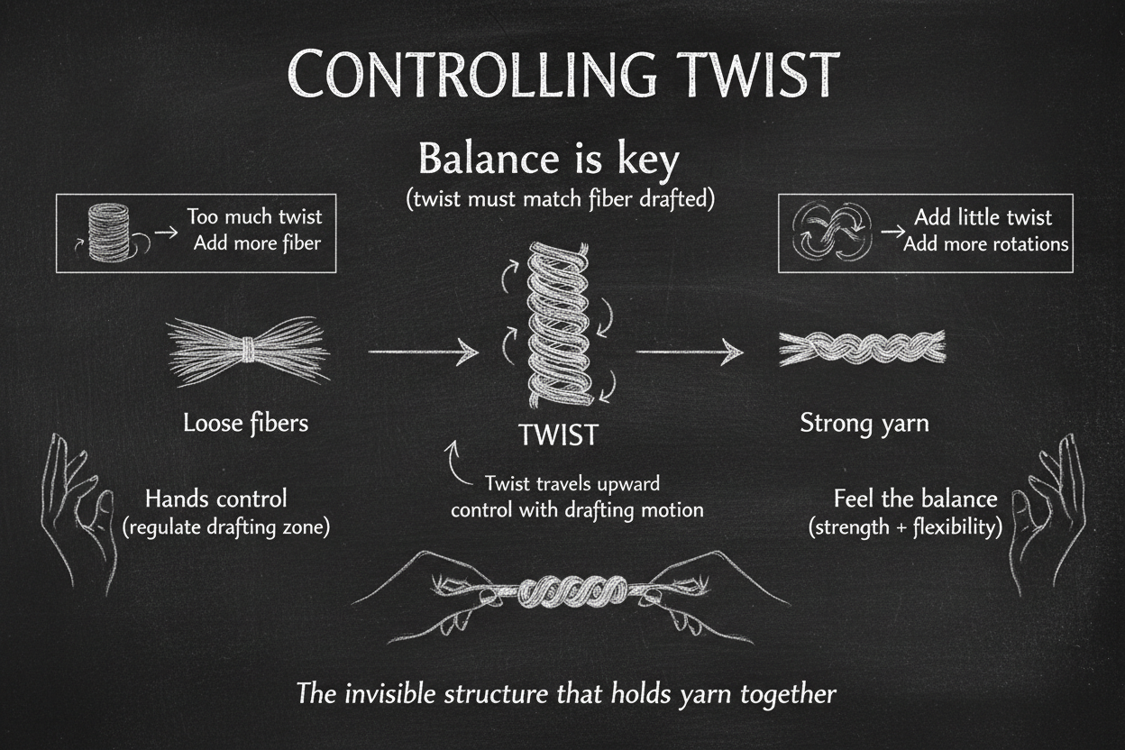 Blackboard diagram showing eight aspects of twist control in spinning — why twist works, fiber-twist balance, twist travel, too much twist, too little twist, hand control, tactile feel, and twist levels for different yarns