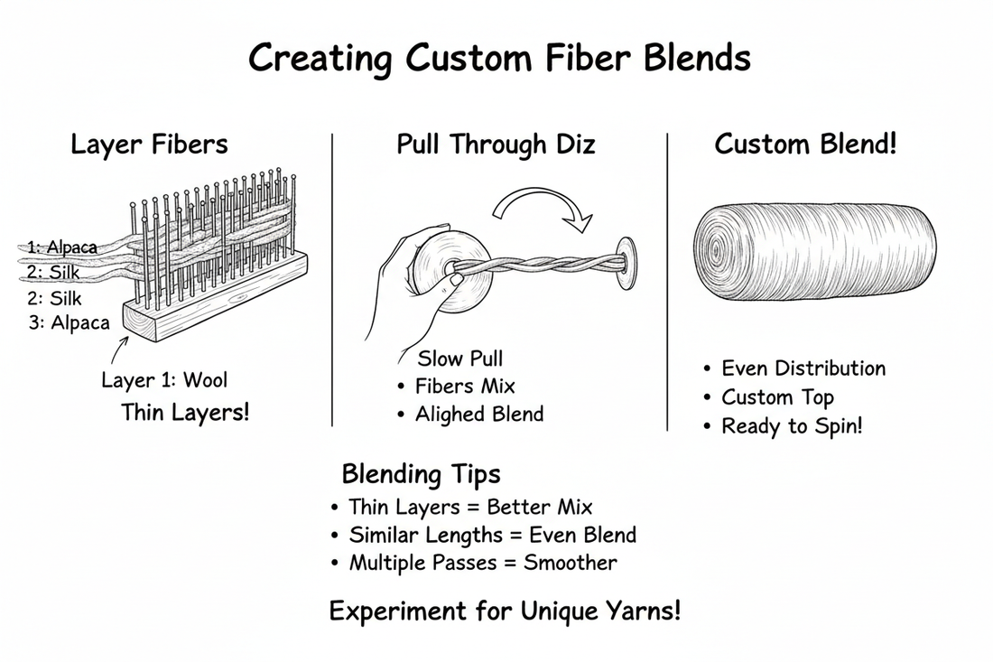 Whiteboard diagram showing how to create custom fiber blends with a wool hackle: layer different fibers (wool, silk, alpaca), pull through diz slowly, and create custom blended top