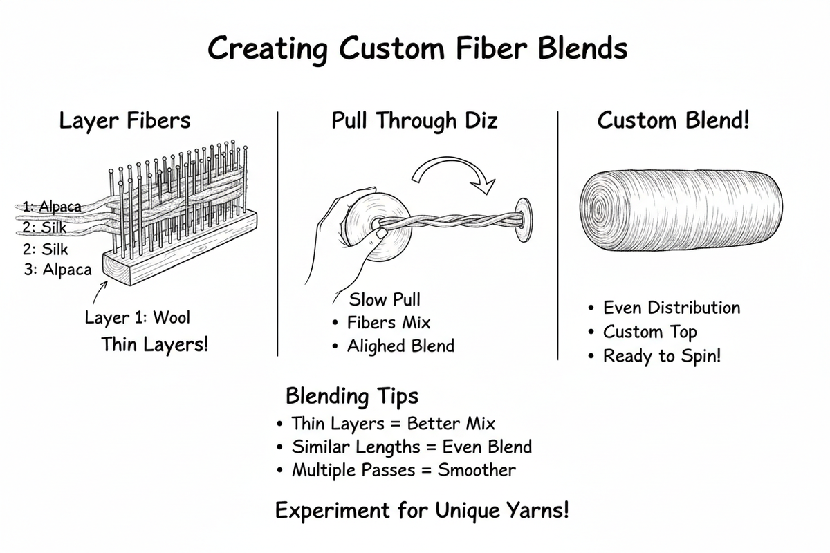 Whiteboard diagram showing how to create custom fiber blends with a wool hackle: layer different fibers (wool, silk, alpaca), pull through diz slowly, and create custom blended top