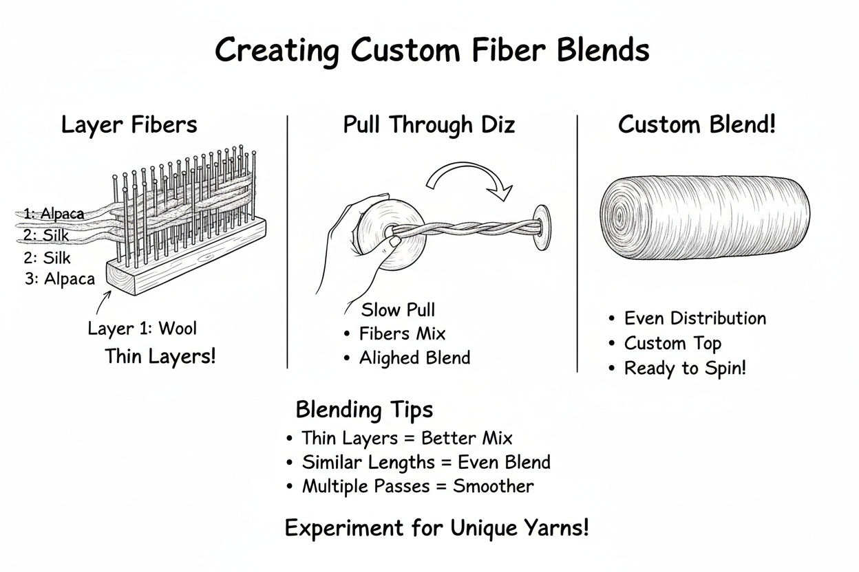 Whiteboard diagram showing how to create custom fiber blends with a wool hackle: layer different fibers (wool, silk, alpaca), pull through diz slowly, and create custom blended top