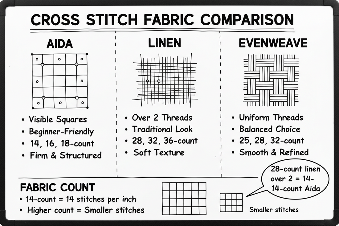 Whiteboard diagram comparing cross stitch fabrics: Aida (visible squares, beginner-friendly, 14-18 count), linen (over 2 threads, traditional, 28-36 count), evenweave (uniform threads, balanced, 25-32 count)