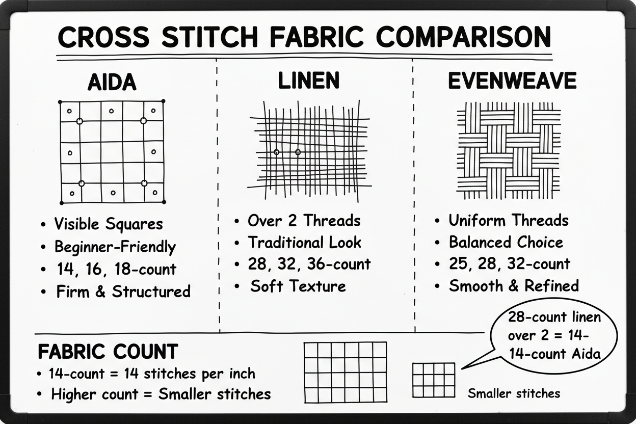 Whiteboard diagram comparing cross stitch fabrics: Aida (visible squares, beginner-friendly, 14-18 count), linen (over 2 threads, traditional, 28-36 count), evenweave (uniform threads, balanced, 25-32 count)