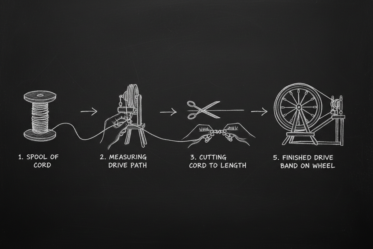 Chalk diagram on a blackboard showing the DIY spinning wheel drive band process step by step — cord spool, measuring the drive path, cutting to length, tying a knot, and installing the finished band on the wheel.