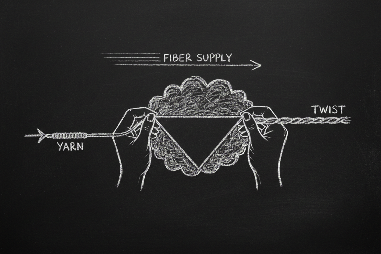 Chalk diagram on a blackboard illustrating the fiber drafting triangle for hand spinning — showing fiber supply, drafting zone, and twist forming into yarn.