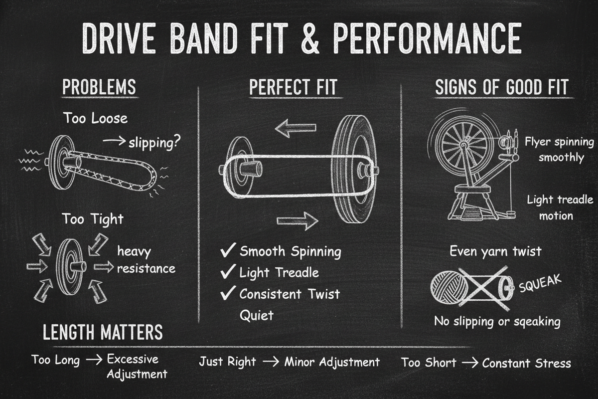 Blackboard diagram showing drive band fit and performance: too loose (slipping, inconsistent), too tight (friction, resistance), perfect fit (smooth spinning, light treadle, consistent twist, quiet), plus length considerations