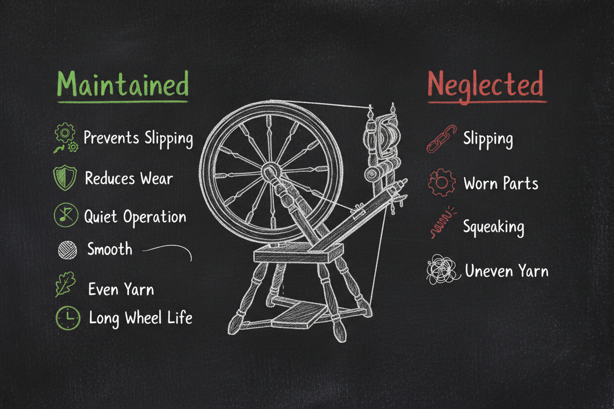 Blackboard diagram of a spinning wheel showing maintained vs neglected drive band outcomes: good maintenance prevents slipping, reduces wear, and ensures even yarn.