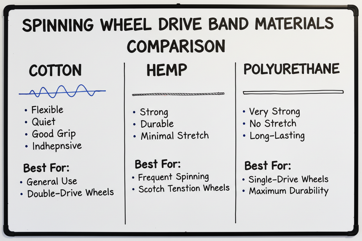 Whiteboard diagram comparing drive band materials: cotton (flexible, quiet, good grip), hemp (strong, durable, minimal stretch), and polyurethane (very strong, no stretch, long-lasting)