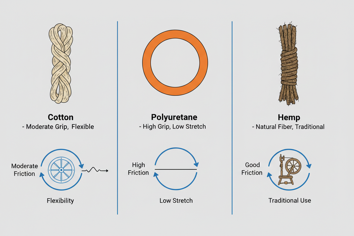Diagram comparing cotton, polyurethane, and hemp spinning wheel drive band materials with notes on grip, stretch, and durability