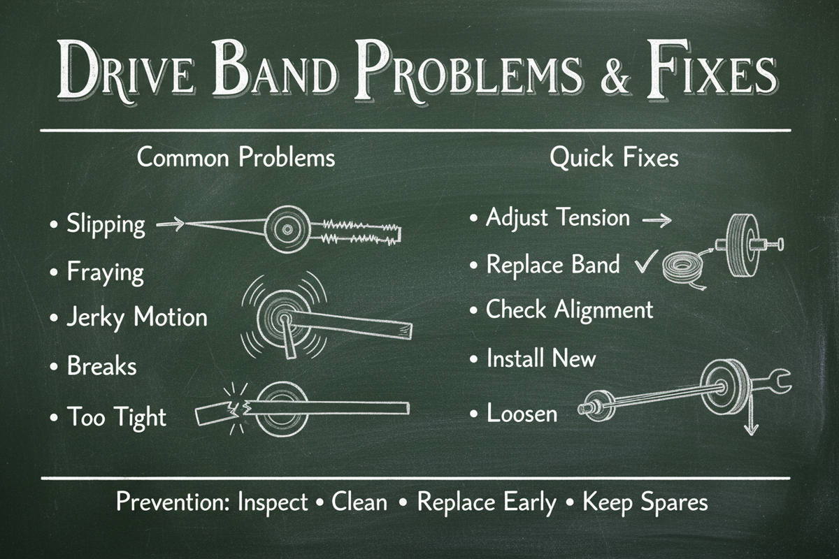 Blackboard diagram showing drive band problems and fixes: slipping (adjust tension), fraying (replace), jerky motion (check alignment), breaks (install new), too tight (loosen), plus prevention tips