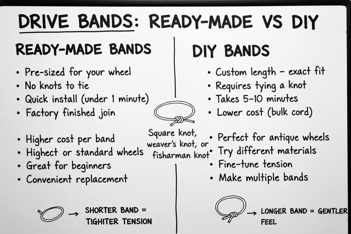 Whiteboard diagram comparing DIY versus ready-made drive bands: ready-made offers convenience and quick install, DIY offers exact fit and cost savings, plus knot types and tension effects