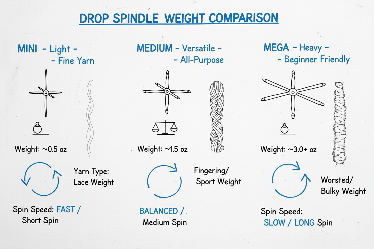 Whiteboard comparison chart showing light, medium, and heavy drop spindle weights with yarn types, skill levels, and spinning characteristics for each
