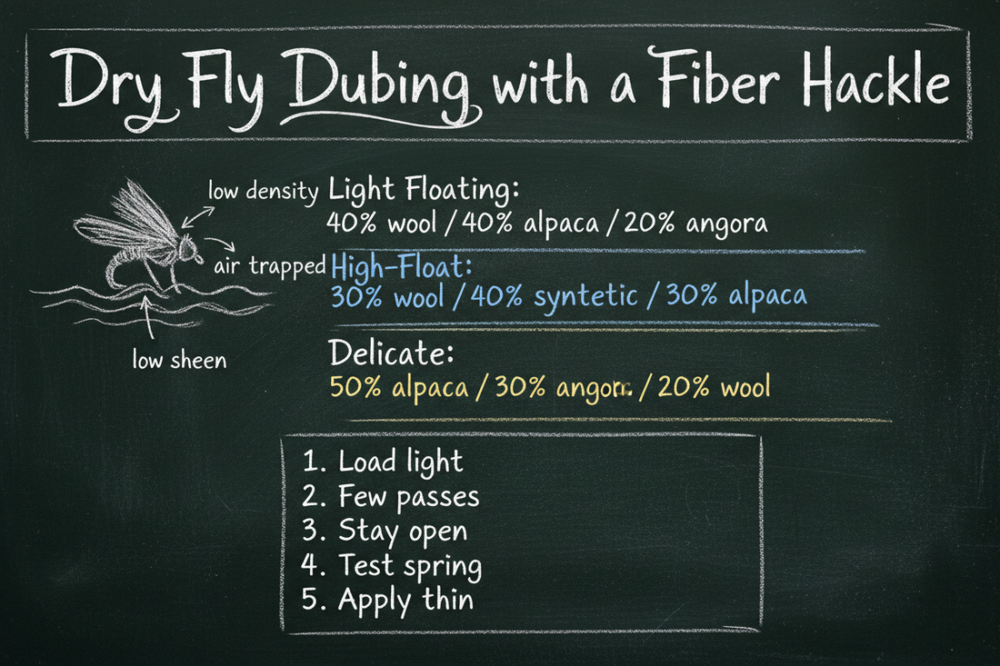Blackboard diagram showing how to make dry fly dubbing with a fiber hackle — dry fly sketch on a water surface with callouts for low density, trapped air, and low sheen, three blend recipes, and a five-step blending process.