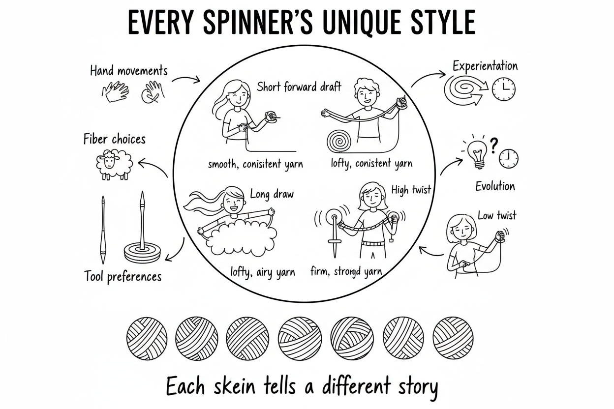 Whiteboard diagram showing seven factors that shape a spinner's personal style — hand movements, drafting technique, twist levels, fiber choices, tool preferences, experimentation, and how style evolves over time