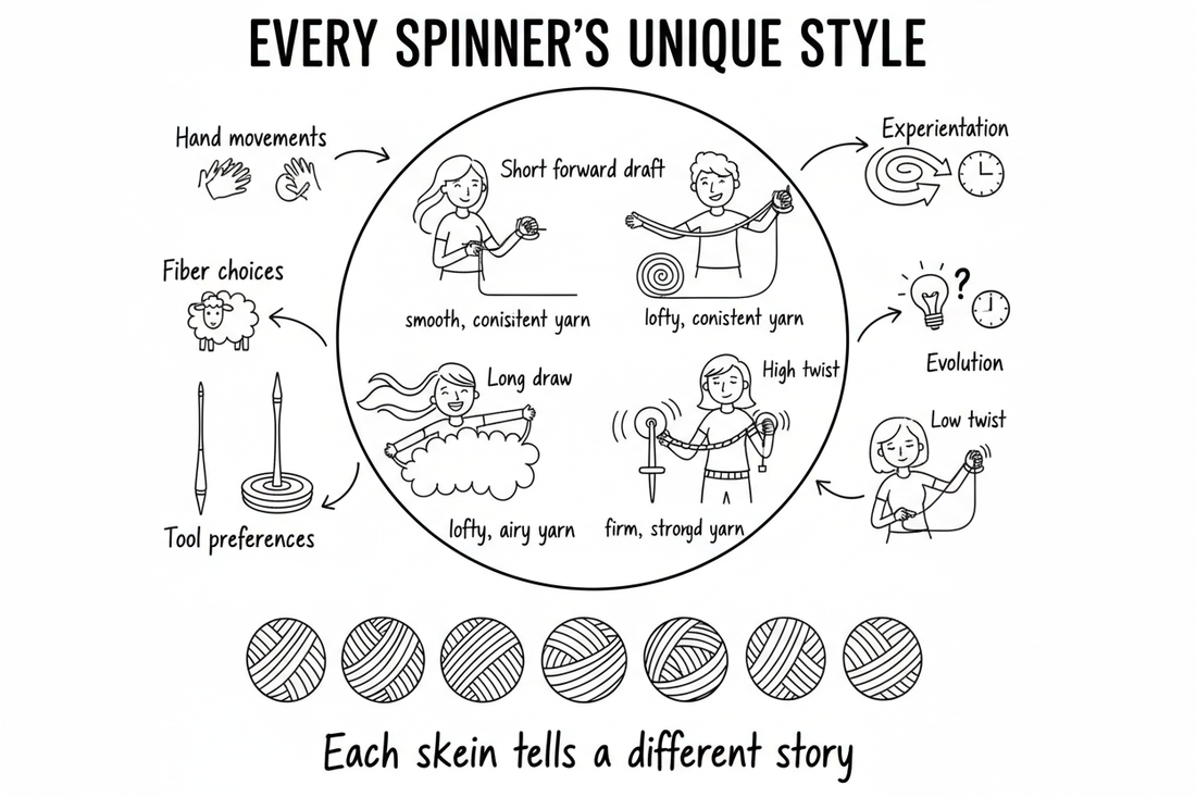 Whiteboard diagram showing seven factors that shape a spinner's personal style — hand movements, drafting technique, twist levels, fiber choices, tool preferences, experimentation, and how style evolves over time