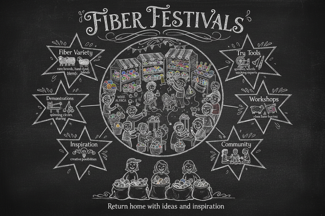 Blackboard diagram showing seven reasons fiber artists love fiber festivals — fiber variety, tools to try, demonstrations, workshops, meeting makers, community, and inspiration