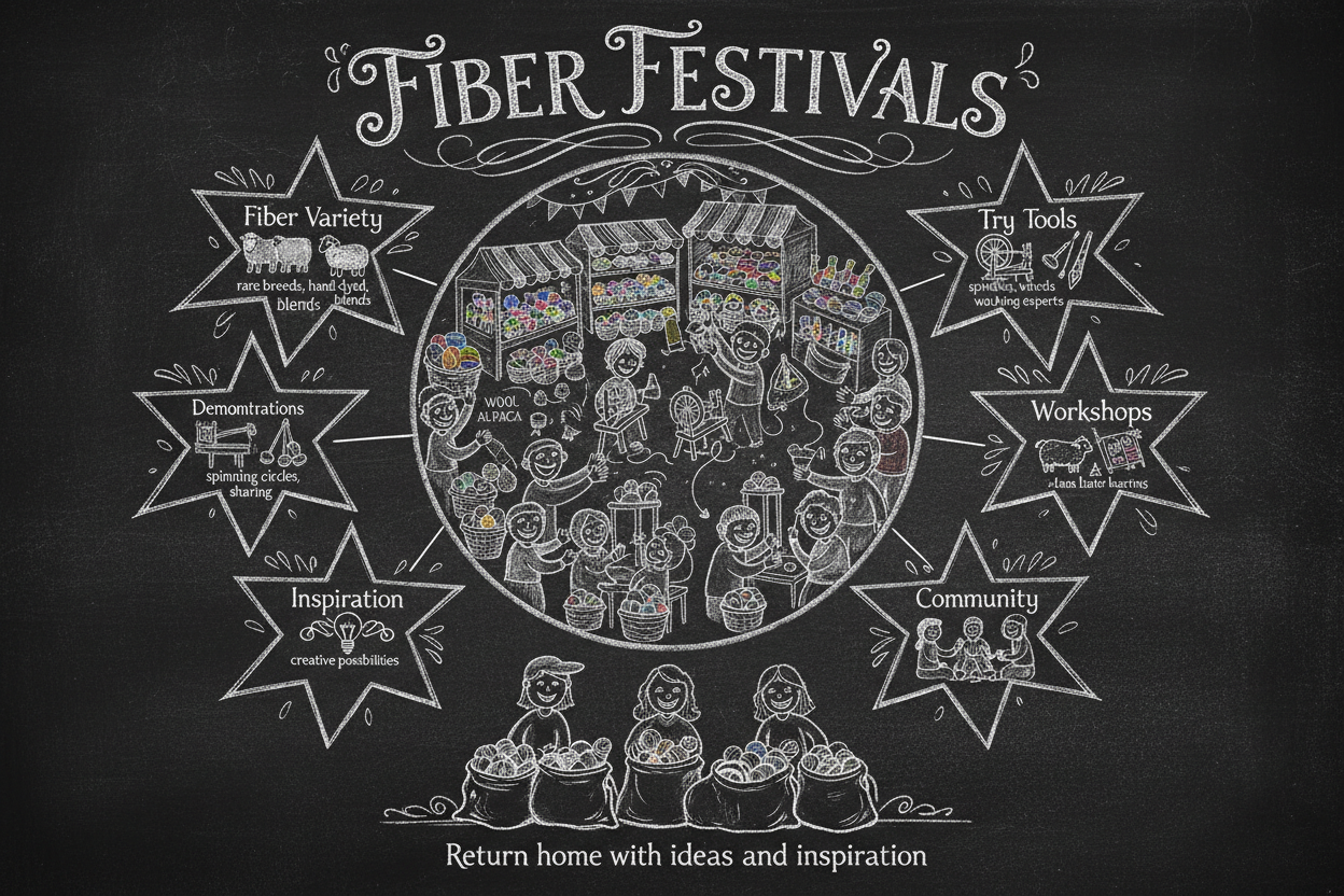Blackboard diagram showing seven reasons fiber artists love fiber festivals — fiber variety, tools to try, demonstrations, workshops, meeting makers, community, and inspiration