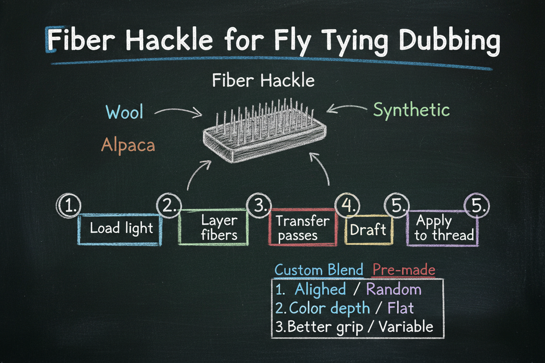 Blackboard diagram for using a fiber hackle to create fly tying dubbing — a hackle board sketch with fiber inputs, a five-step blending process, and a comparison table of custom blends vs pre-made dubbing.