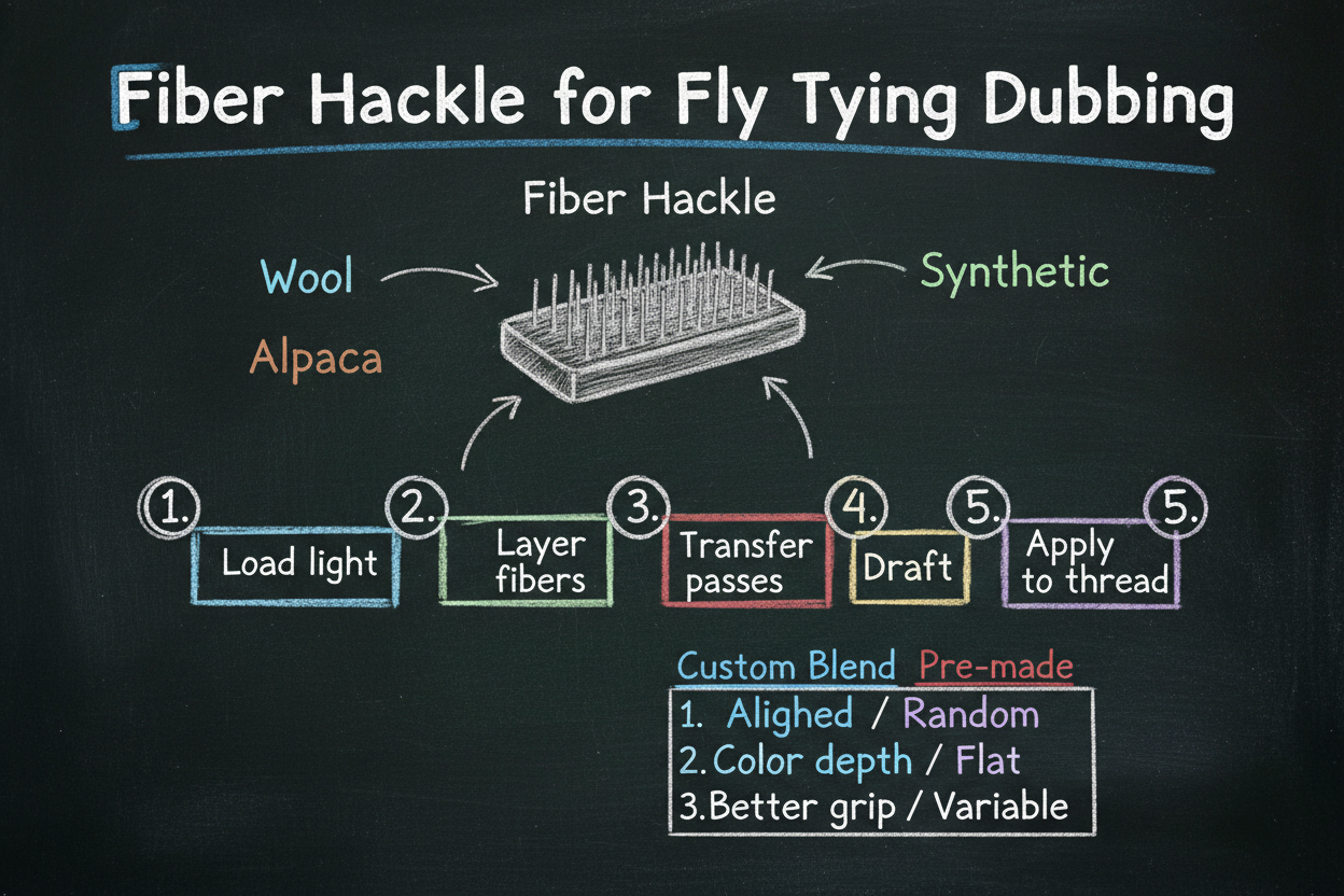 Blackboard diagram for using a fiber hackle to create fly tying dubbing — a hackle board sketch with fiber inputs, a five-step blending process, and a comparison table of custom blends vs pre-made dubbing.