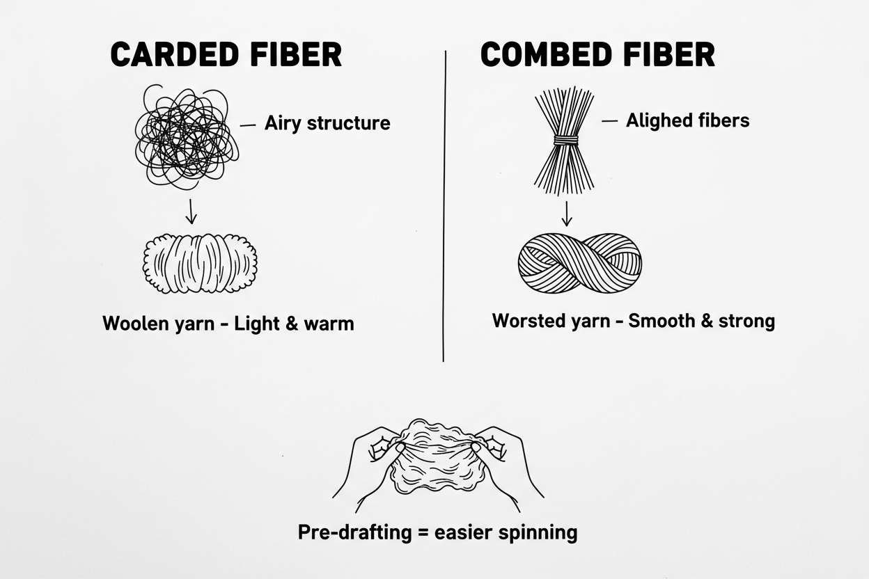 Whiteboard diagram comparing fiber preparation: carded fiber with wavy multi-directional structure creating lofty woolen yarn, combed fiber with straight parallel structure creating smooth worsted yarn