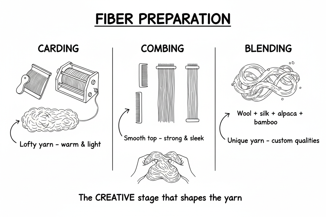 Whiteboard diagram showing six fiber preparation types — carding, combing, blending, creative layering, slower pace, and fiber connection — and how each shapes the yarn before spinning begins