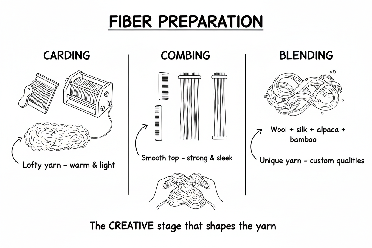 Whiteboard diagram showing six fiber preparation types — carding, combing, blending, creative layering, slower pace, and fiber connection — and how each shapes the yarn before spinning begins