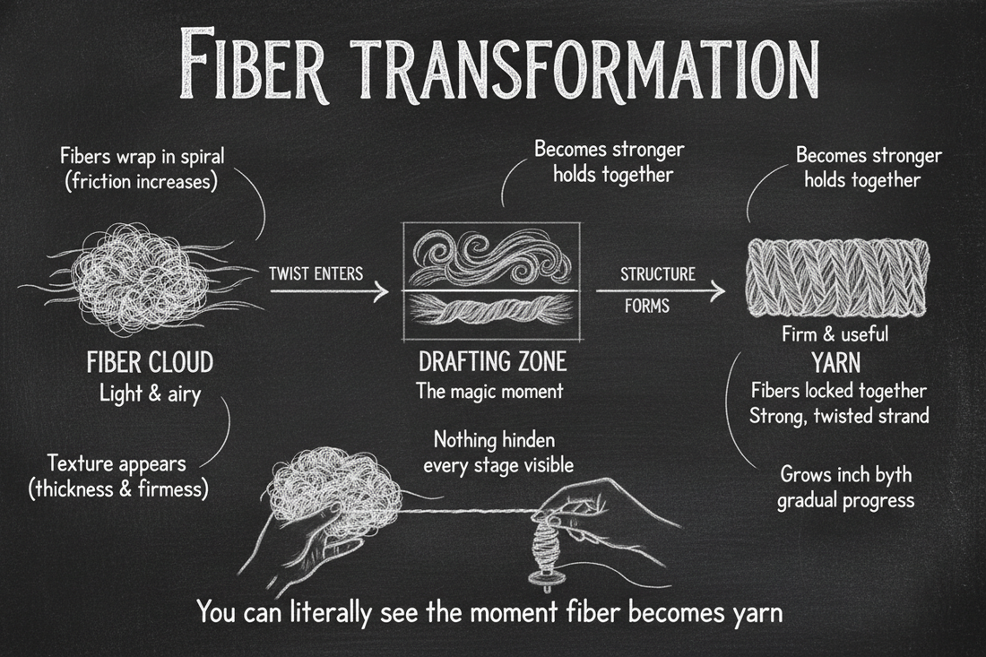 Blackboard diagram showing the seven stages of fiber transformation while spinning — from loose cloud through twist entry, drafting zone, texture development, and gradual growth into finished yarn