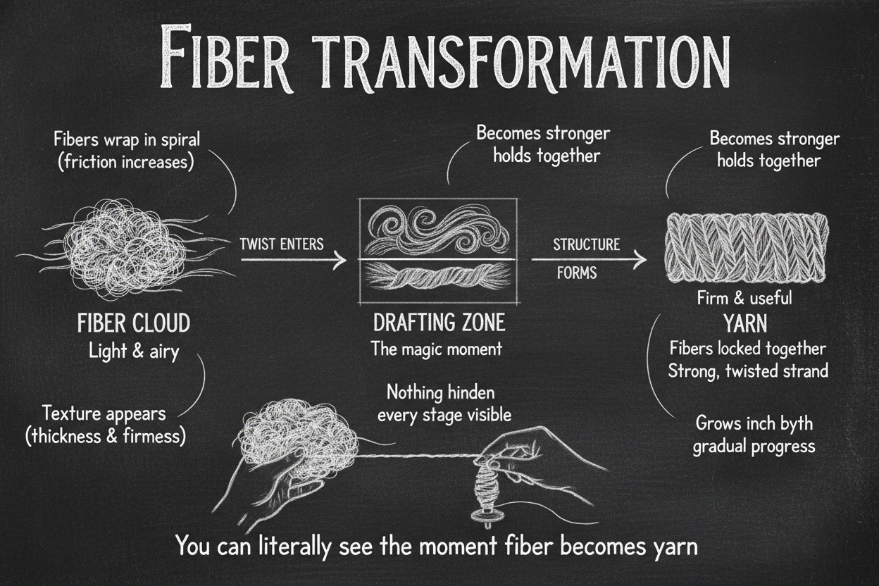 Blackboard diagram showing the seven stages of fiber transformation while spinning — from loose cloud through twist entry, drafting zone, texture development, and gradual growth into finished yarn