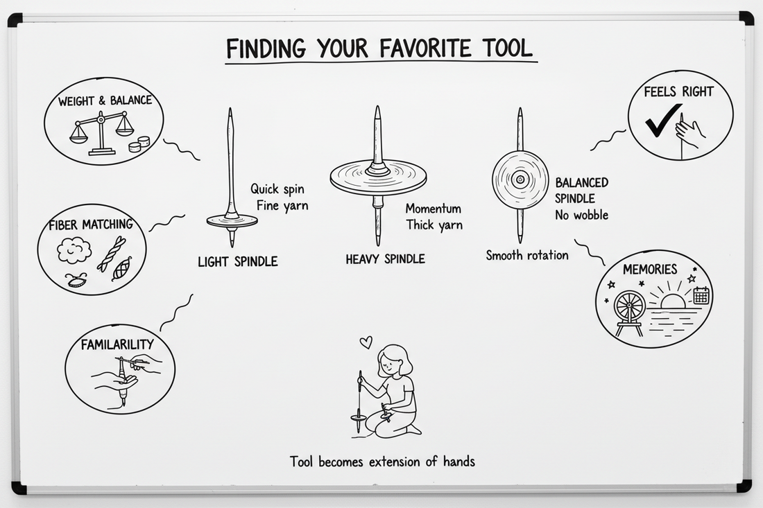 Whiteboard diagram showing five factors that lead spinners to develop favorite tools — weight and balance, tool behavior, fiber matching, familiarity, memories, and effortless feel