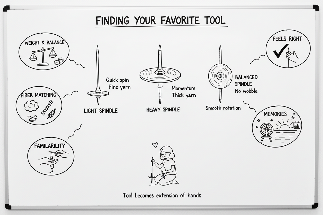 Whiteboard diagram showing five factors that lead spinners to develop favorite tools — weight and balance, tool behavior, fiber matching, familiarity, memories, and effortless feel