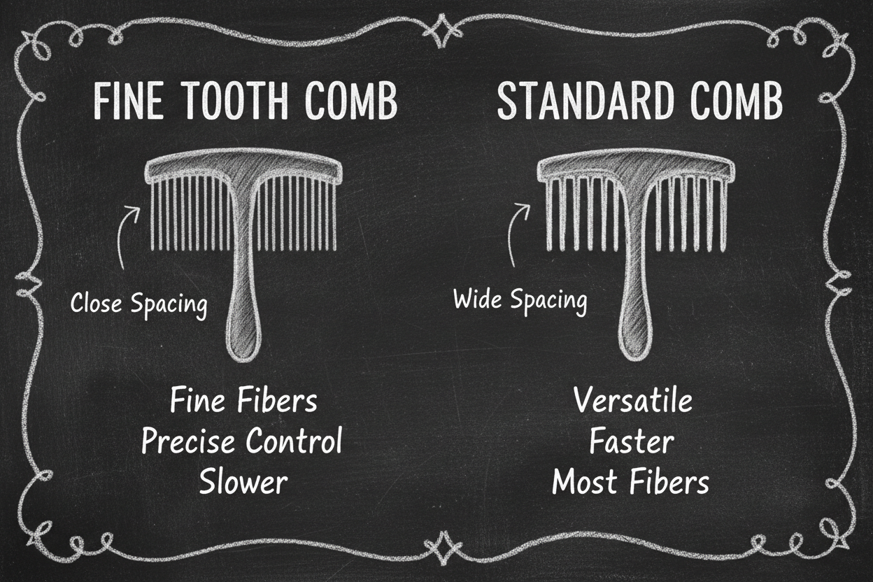 Chalkboard comparison of fine tooth wool comb with close tine spacing versus standard wool comb with wide tine spacing