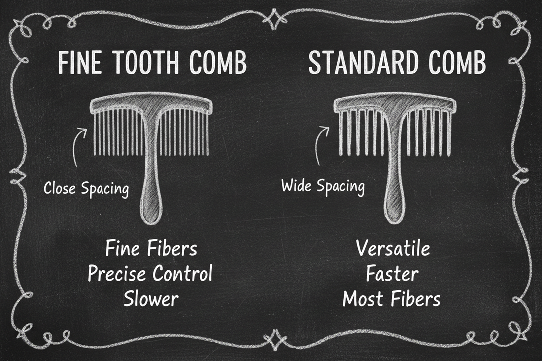 Chalkboard comparison of fine tooth wool comb with close tine spacing versus standard wool comb with wide tine spacing