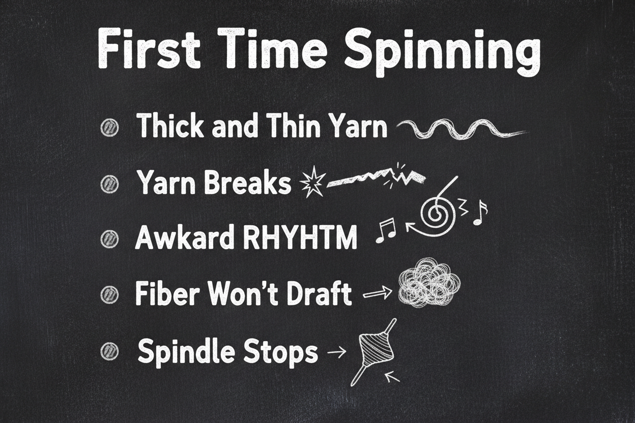 Blackboard diagram showing five common beginner spinning experiences — thick and thin yarn, yarn breaks, kinking, fiber drafting challenges, awkward rhythm, and spindle stopping