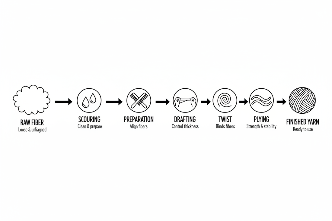 Whiteboard diagram showing the eight-stage journey from raw fiber to finished yarn — scouring, preparation, drafting, twist, winding on, plying, and finishing