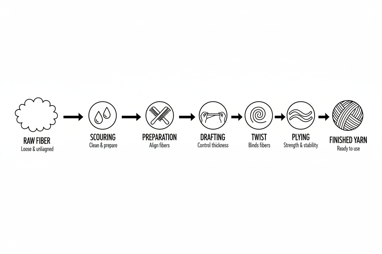 Whiteboard diagram showing the eight-stage journey from raw fiber to finished yarn — scouring, preparation, drafting, twist, winding on, plying, and finishing