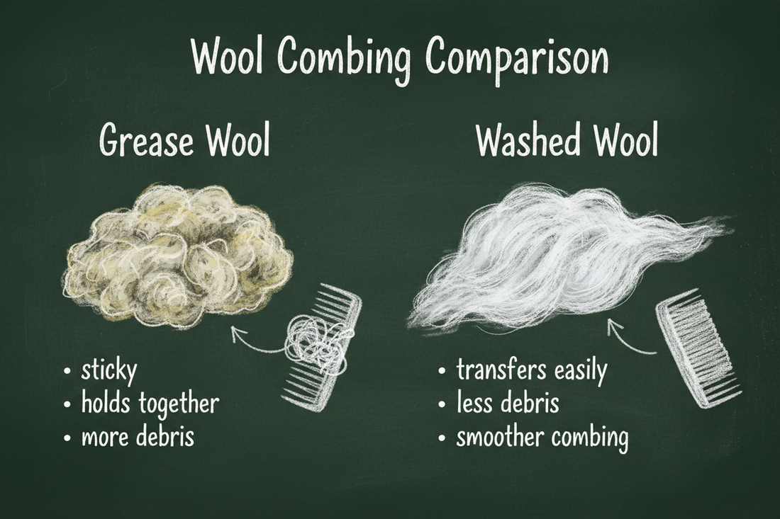 Chalkboard diagram comparing grease wool to washed wool using dirty vs clean dishes analogy, showing how lanolin affects wool combing