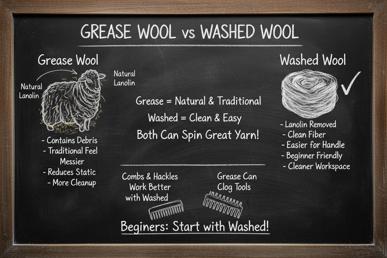 Chalkboard diagram comparing grease wool (natural lanolin, messier, traditional) vs washed wool (clean, easier to handle, beginner friendly, better for fiber tools)