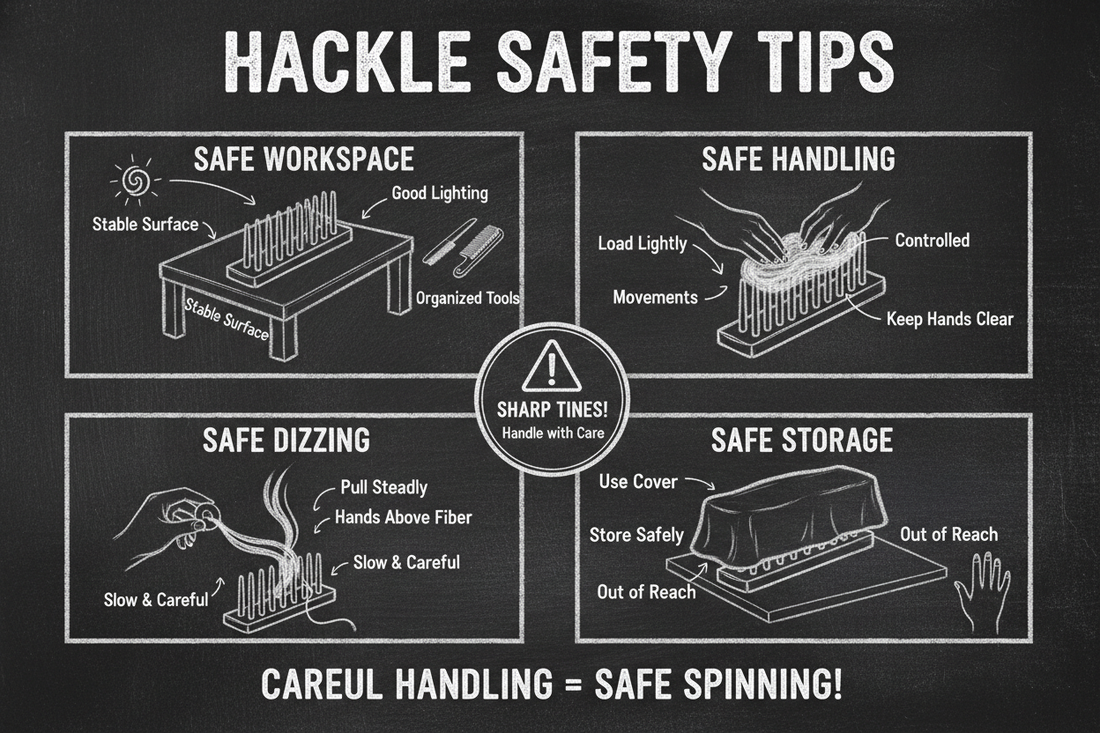 Chalkboard diagram showing hackle safety tips: safe workspace setup, safe handling techniques, safe dizzing practices, and safe storage with protective cover