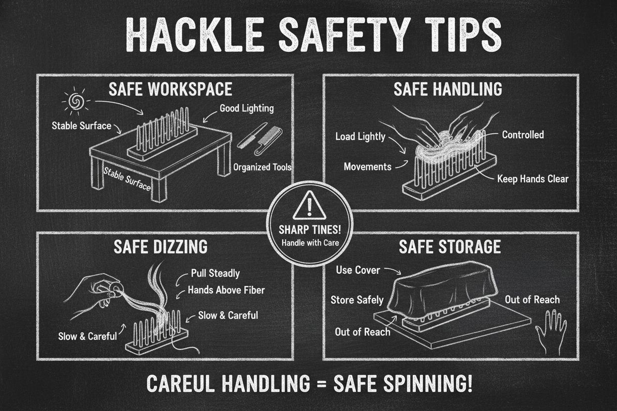 Chalkboard diagram showing hackle safety tips: safe workspace setup, safe handling techniques, safe dizzing practices, and safe storage with protective cover