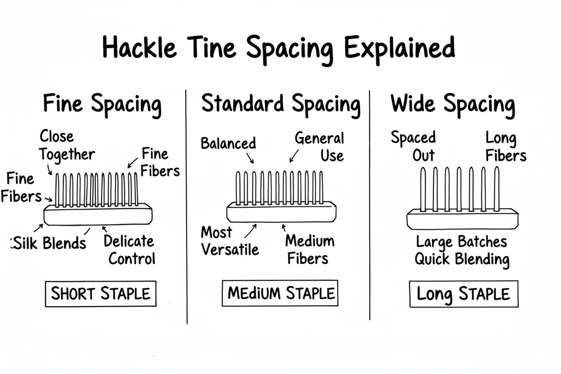 Whiteboard diagram comparing three hackle tine spacing types: fine spacing for delicate fibers, standard spacing for general use, and wide spacing for long fibers