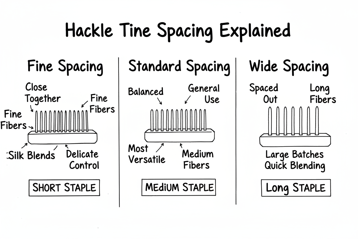 Whiteboard diagram comparing three hackle tine spacing types: fine spacing for delicate fibers, standard spacing for general use, and wide spacing for long fibers