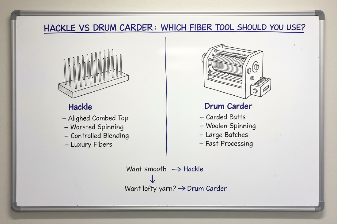 Whiteboard diagram comparing wool hackle (creates aligned combed top for worsted spinning) vs drum carder (creates airy carded batts for woolen spinning)