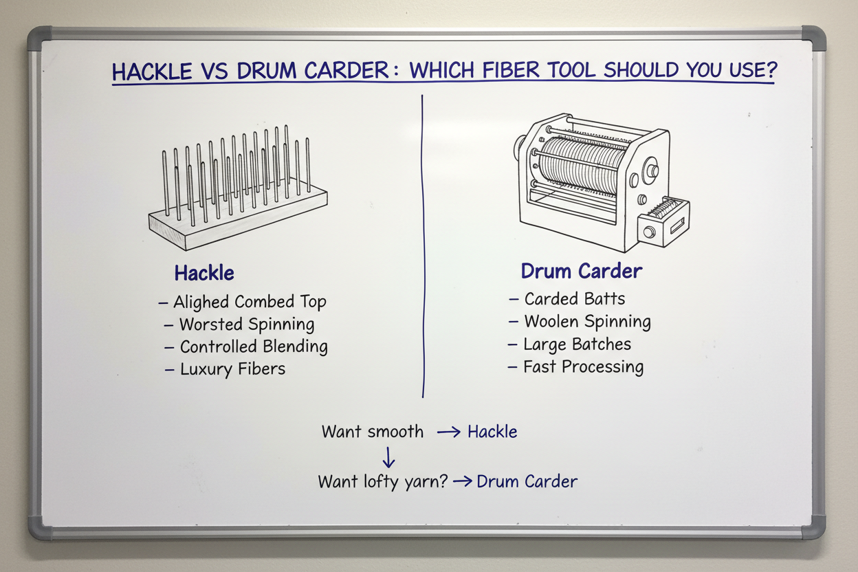 Whiteboard diagram comparing wool hackle (creates aligned combed top for worsted spinning) vs drum carder (creates airy carded batts for woolen spinning)