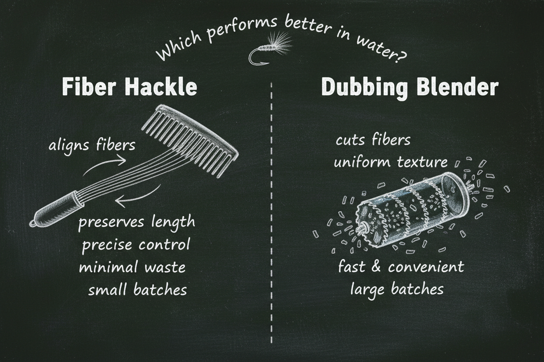 Blackboard diagram comparing a fiber hackle vs a dubbing blender for fly tying — showing how hackles align and preserve fiber length for better water performance, while blenders cut fibers for speed and bulk production.
