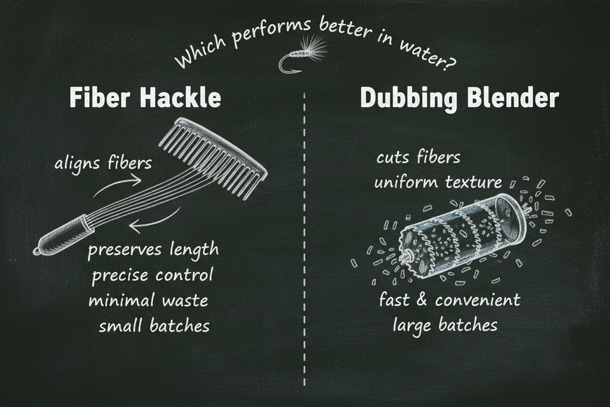 Blackboard diagram comparing a fiber hackle vs a dubbing blender for fly tying — showing how hackles align and preserve fiber length for better water performance, while blenders cut fibers for speed and bulk production.