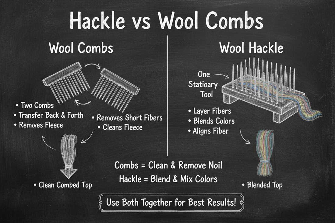 Chalkboard diagram comparing wool combs (two tools that transfer fiber and remove short fibers) vs wool hackle (stationary tool for blending colors and aligning fiber)