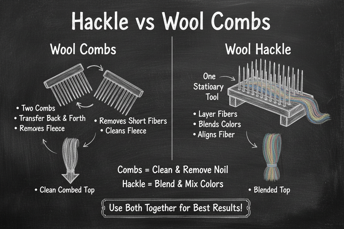 Chalkboard diagram comparing wool combs (two tools that transfer fiber and remove short fibers) vs wool hackle (stationary tool for blending colors and aligning fiber)