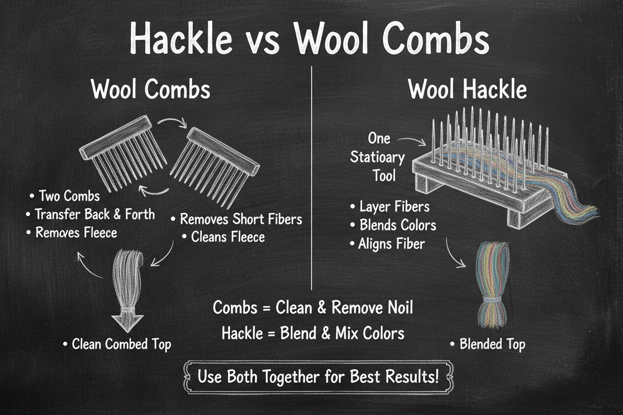 Chalkboard diagram comparing wool combs (two tools that transfer fiber and remove short fibers) vs wool hackle (stationary tool for blending colors and aligning fiber)