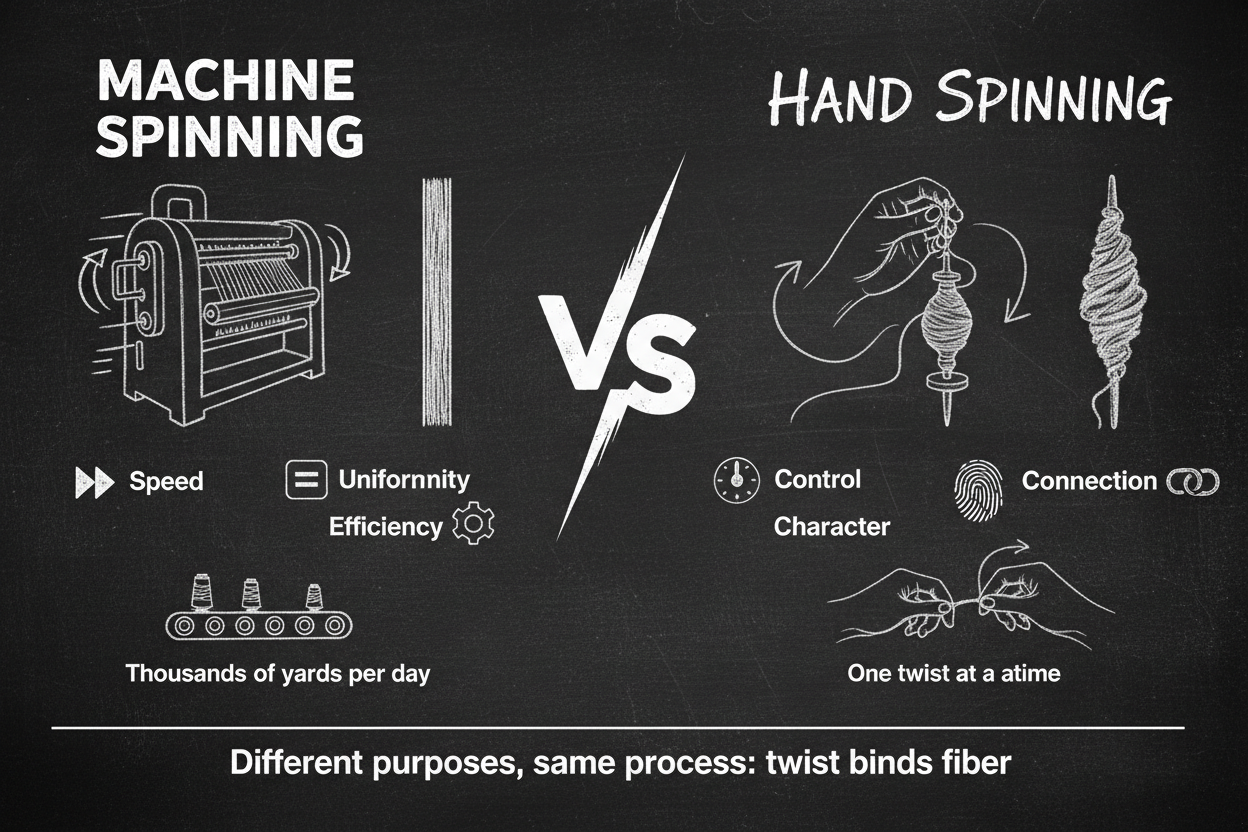 Blackboard diagram with a seven-row comparison table contrasting hand spinning and machine spinning across primary goal, consistency, pace, connection, adjustments, creativity, and value