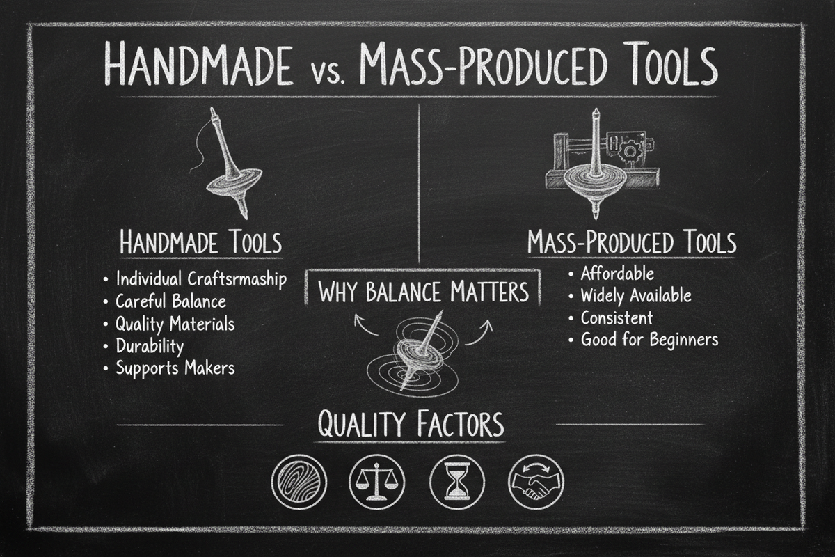 Blackboard diagram comparing handmade and mass-produced spinning tools: individual craftsmanship, balance, quality materials, durability versus affordability, availability, and consistency
